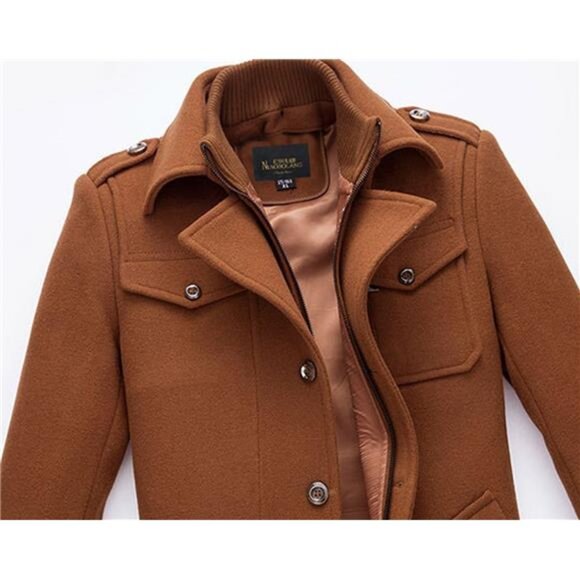 Men's Stand Collar Wool-Blend Classic Pea Coat with Removable Inner Collar - Picture 4 of 8